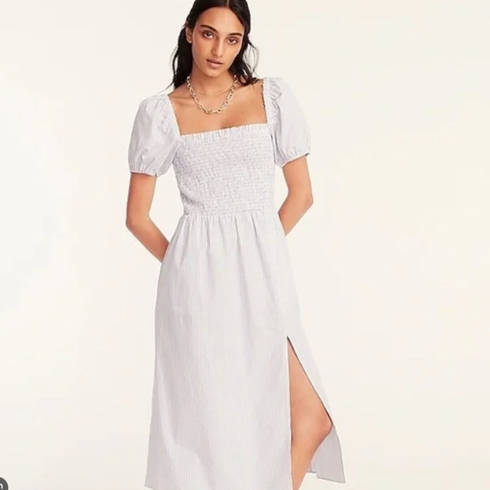 J. Crew Striped Puff Sleeve Dress with Smocking